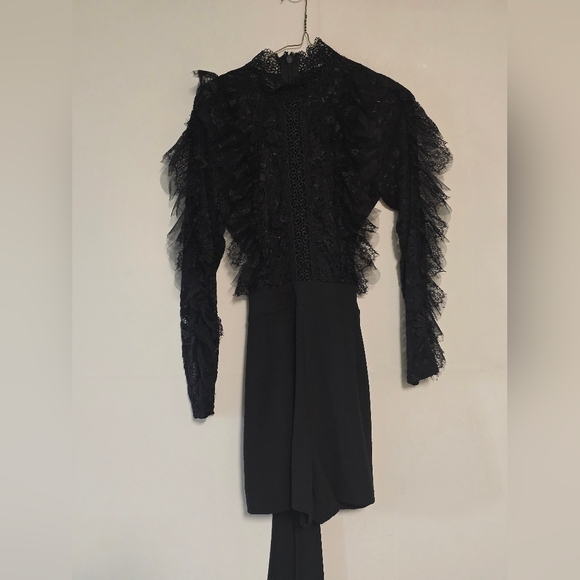 Fashion Nova Black Lace Ruffle High-Neck Blouse Jumpsuit M/L - Picture 3 of 9